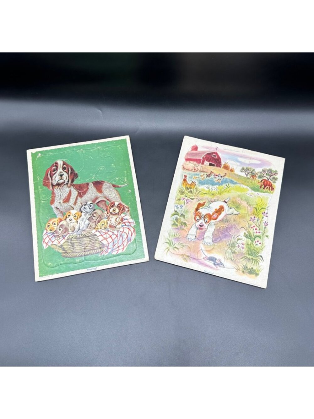 Vintage Playskool Puppy Dog Puzzles 1950s Litho Nursery Retro Kids Decor USA